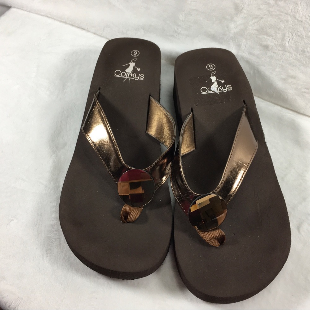 Corkys Womens Flip Flops Brown Jeweled size 9 Casual Comfort Sandals Footwear
